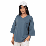 تیشرت باکسی یقه هفت آبی طوسی کد 1063 - تصویر 3