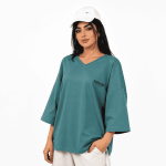 تیشرت باکسی یقه هفت سبز آبی کد 1067 - تصویر 2